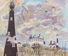 Dungeness lighthouse with three gulls 120x100cm